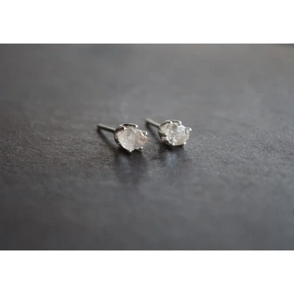 Sterling silver stud earrings, alternative diamond, uncut natural gemsto… - Picture 3 of 4